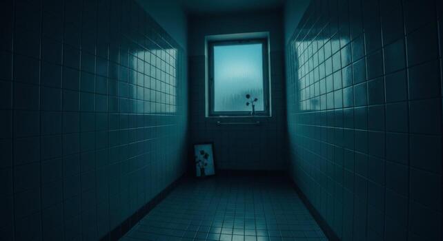 A dark hallway with a window and a door photo