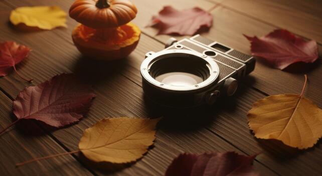 Autumn leaves and a camera on a wooden table photo