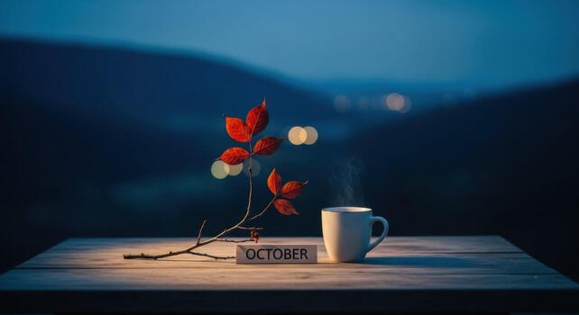 Coffee mug and red leaf on table with night view photo