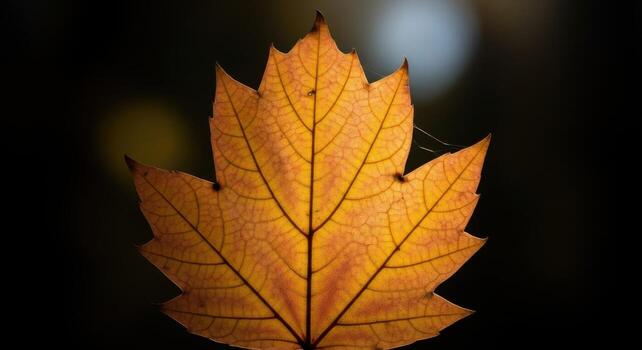 A single maple leaf is shown in the dark photo