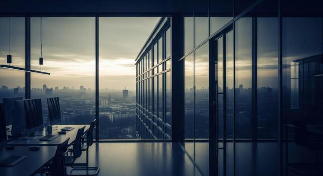 A view of a city from inside an office building photo