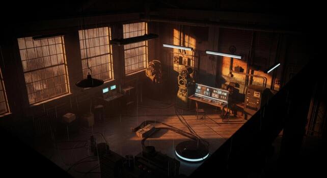 A room with a lot of lights and a computer photo