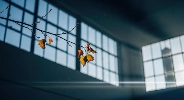 Autumn leaves on a branch in front of a window photo