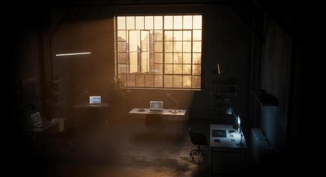 A dark room with a desk and computer photo