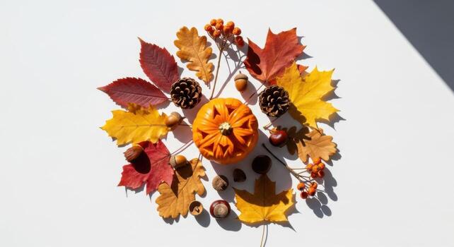 Autumn leaves and pumpkins arranged in a circle on a white surface photo