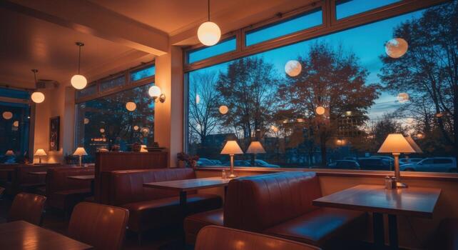 A restaurant with tables and chairs in front of large windows photo