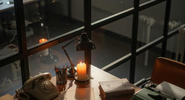 A desk with a lamp, typewriter and papers photo