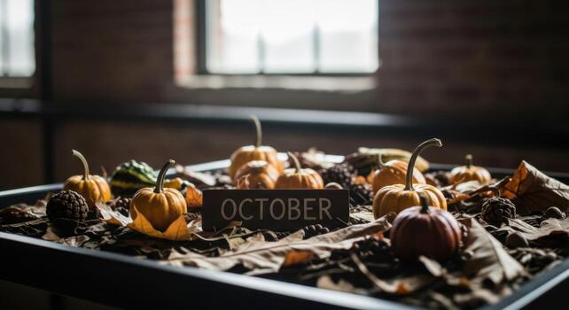A tray with pumpkins and leaves on it photo