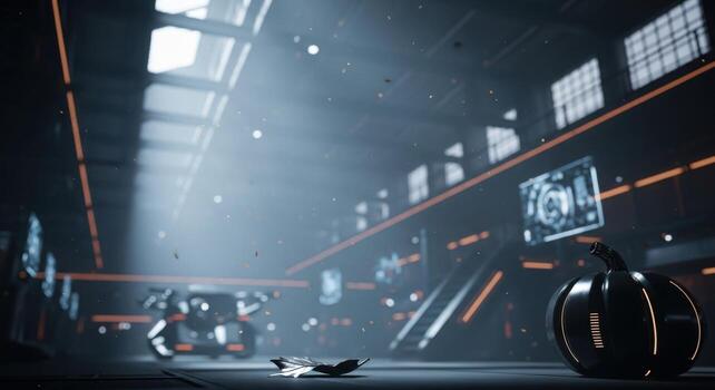 A futuristic looking room with a robot and a pumpkin photo