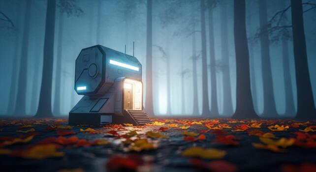 A robot in the woods with leaves on the ground photo