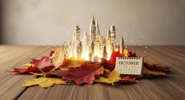 A calendar with a city skyline and leaves on a table photo