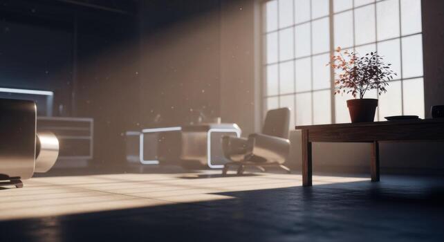 un habitación con un escritorio y sillas en frente de un ventana foto