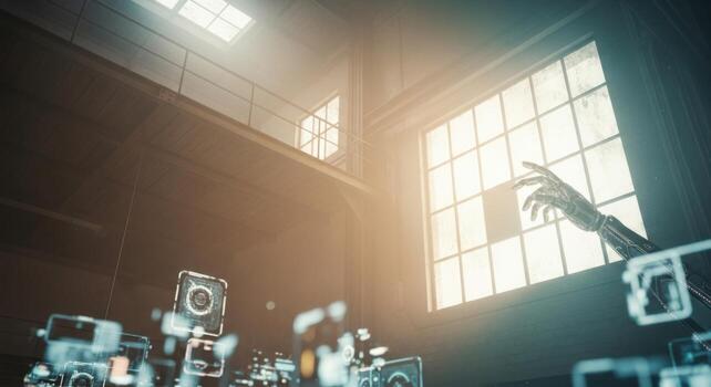 A robot hand is holding a phone in front of a window photo