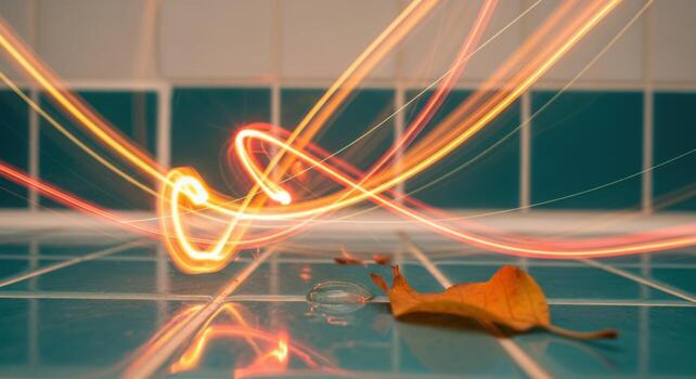 A leaf on the floor with light trails photo