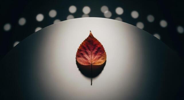 A red leaf sits on a white surface photo