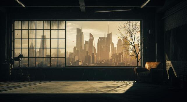 A chair and a tree in front of a window with a city in the background photo