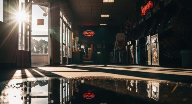 A puddle of water in a dark room with the sun shining photo