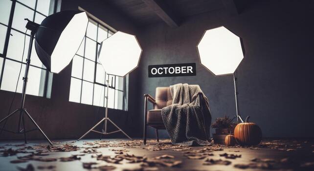 A photo studio with lights and a chair