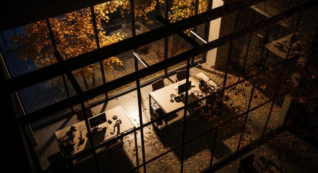 A view of a building with a window and a table photo