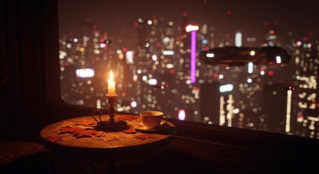 A candle sits on a table in front of a window with a city view photo