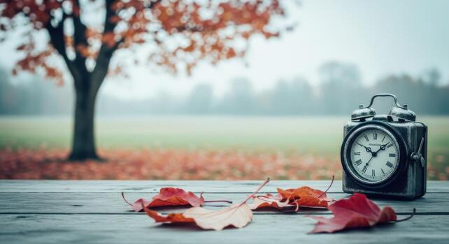 Autumn leaves on a table with an old alarm clock photo