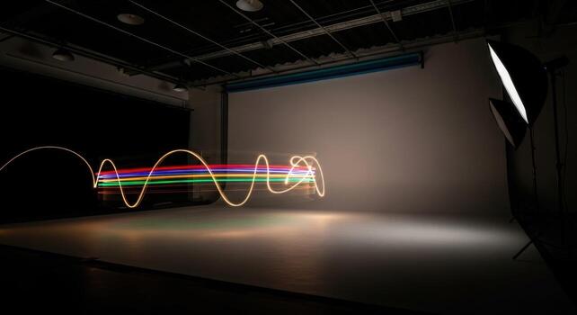 A photo studio with light painting and a car