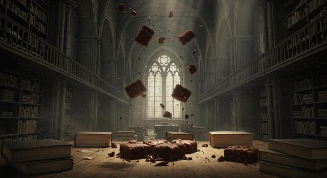 A room with books and a window with a light shining through it photo