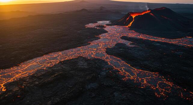 An aerial view of lava flowing into a river photo
