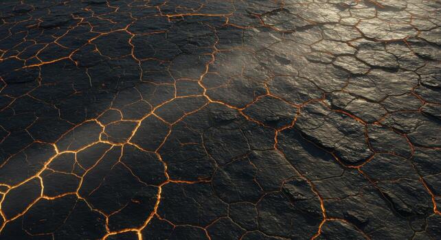 A lava flow on the ground with orange and black lines photo