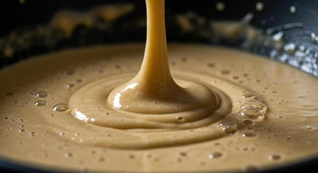 A close up of a bowl of liquid being poured into a pan photo