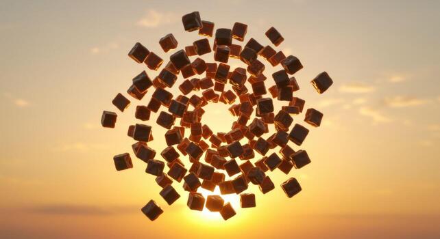 A bunch of cubes floating in the air at sunset photo