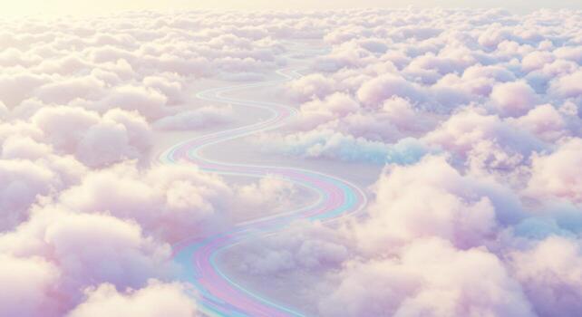 A rainbow colored road is shown in the clouds photo