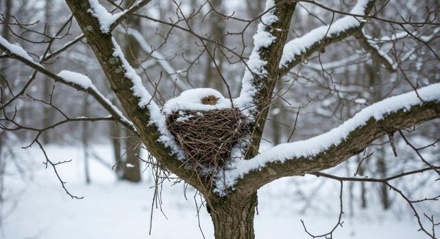 A bird nest is sitting on a tree branch in the snow photo