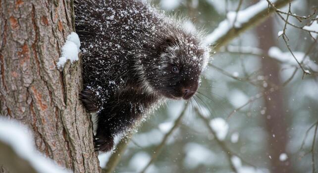 un puerco espín alpinismo arriba un árbol en el nieve foto