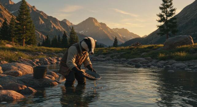 A man is standing in a river with a hat on photo