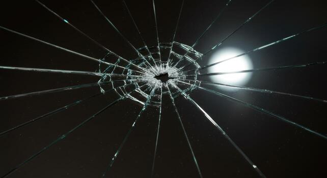 A broken glass window with a full moon in the background photo