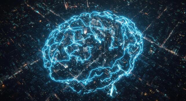 An abstract image of a brain with glowing blue lines photo