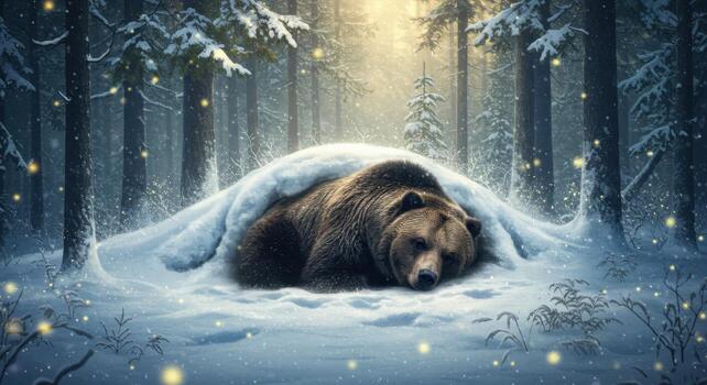 A bear is sleeping in the snow in the forest photo