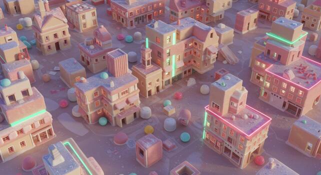 A 3d rendering of a city with pink buildings photo