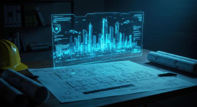 A computer screen with a city skyline on it photo