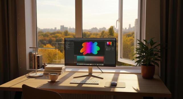 A computer screen with a colorful background on it photo