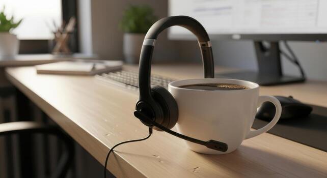 A coffee cup and headset on a desk with a computer photo