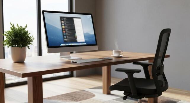 A computer monitor is sitting on a desk in front of a window photo