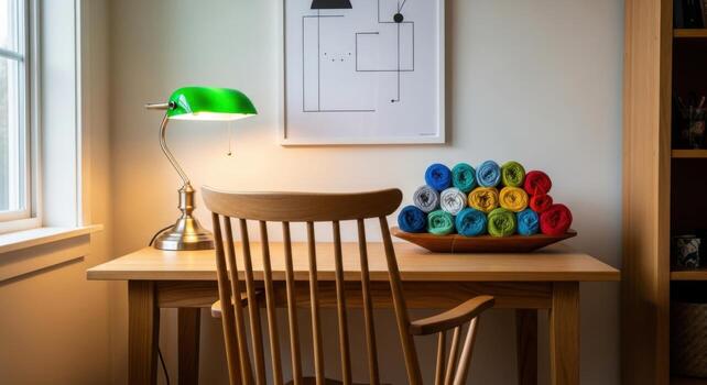 un escritorio con un lámpara y un silla en frente de un ventana foto