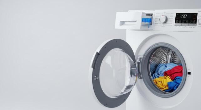 A washing machine with clothes inside on a white background photo