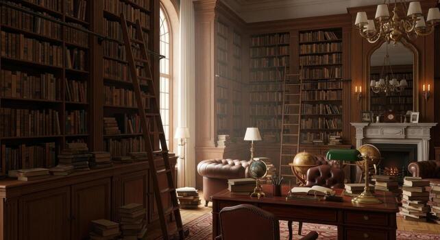 A library with a desk, chairs and bookshelves photo
