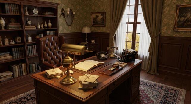 A desk with a lamp and bookshelves photo