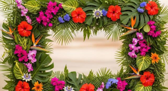 Tropical flowers and leaves in a square frame photo