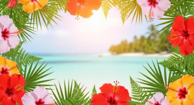 Tropical flowers on the beach with a tropical island in the background photo