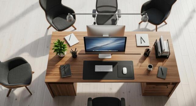 An office with a computer, a desk and chairs photo